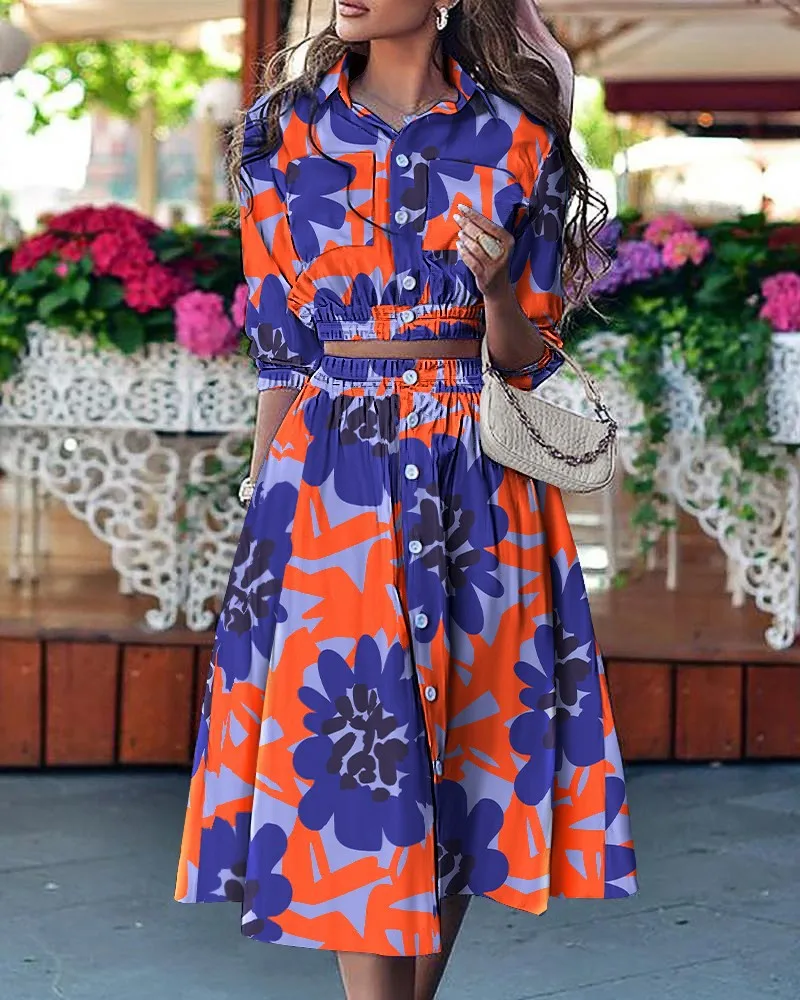 Fashion Short Sleeve Button Shirt And Skirt Two Piece Set Women 2023 Summer Outfits For Women Office Crop Top Dress Sets 2 Piece