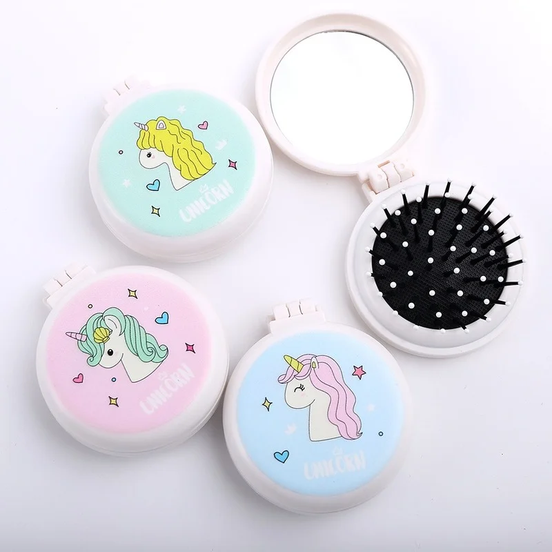 

1PC Unicorn Makeup Comb Hair Brush Styling Tool Portable Mini Folding Comb Airbag Massage Round Travel Hair Brush with Mirror