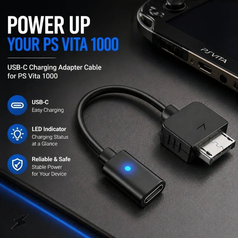 1000 컨트롤러 충전 어댑터용 USB C 케이블 PS Vita 1000 콘솔 전원 와이어용 C형 LED 변환 코드