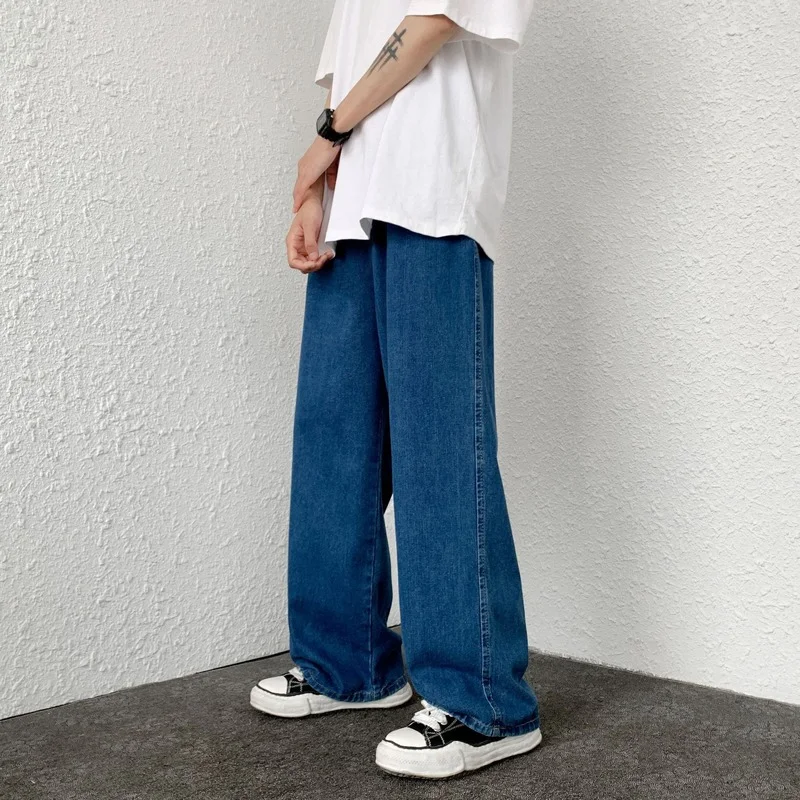 Men's Denim Pants Fashion Loose Wide Leg Jeans Casual Streetwear Printed Cross Trousers Pure Cotton Pants Baggy Men Jeans