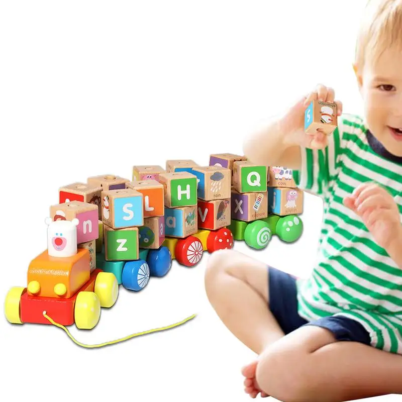 

Wood Toy Stacking Train Colorful Pull Along Train ABC Cart Sorting Block Stacking Game Montessori Educational Toys For Kids