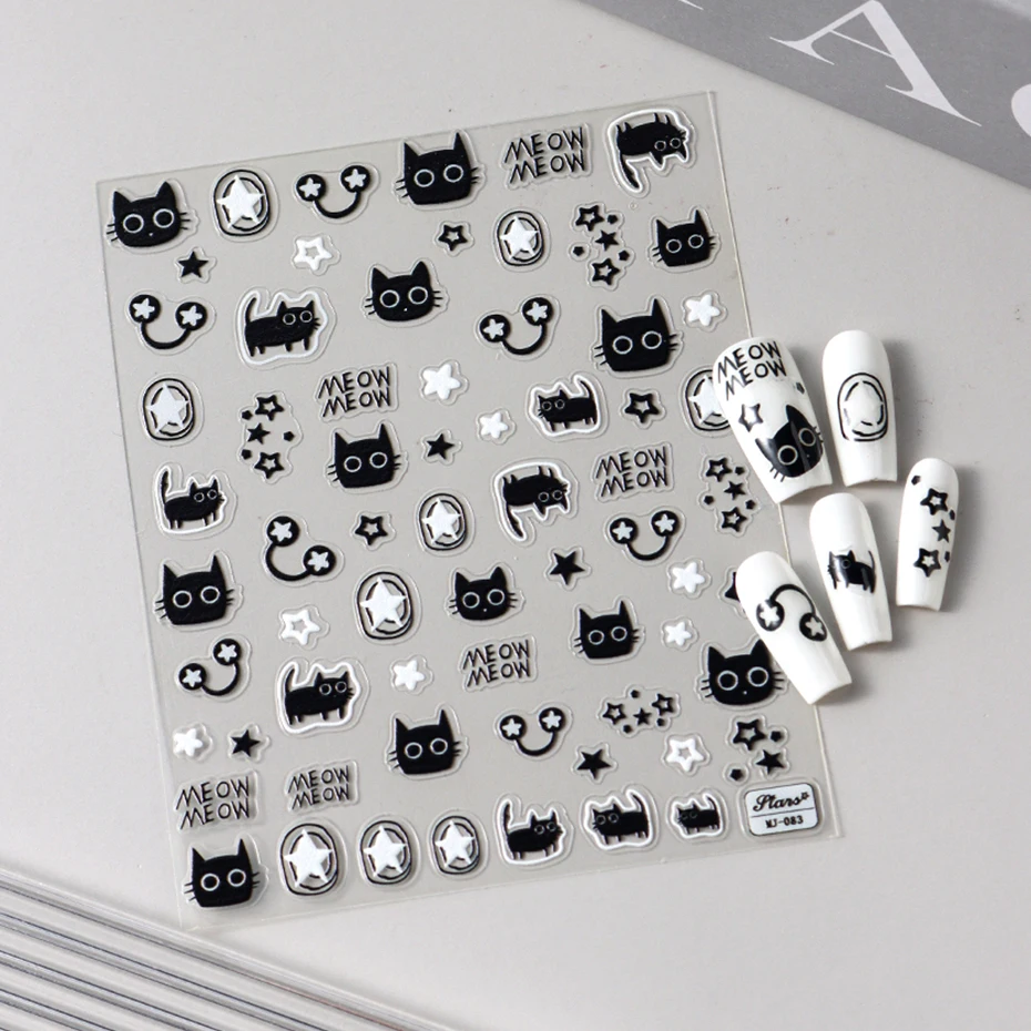 Kawaii Little Black Cat Nail Stickers Cartoon Cute Cat Stars Letters Nail Sliders Y2K Korean Japanese Nail Art Manicure Decors 6