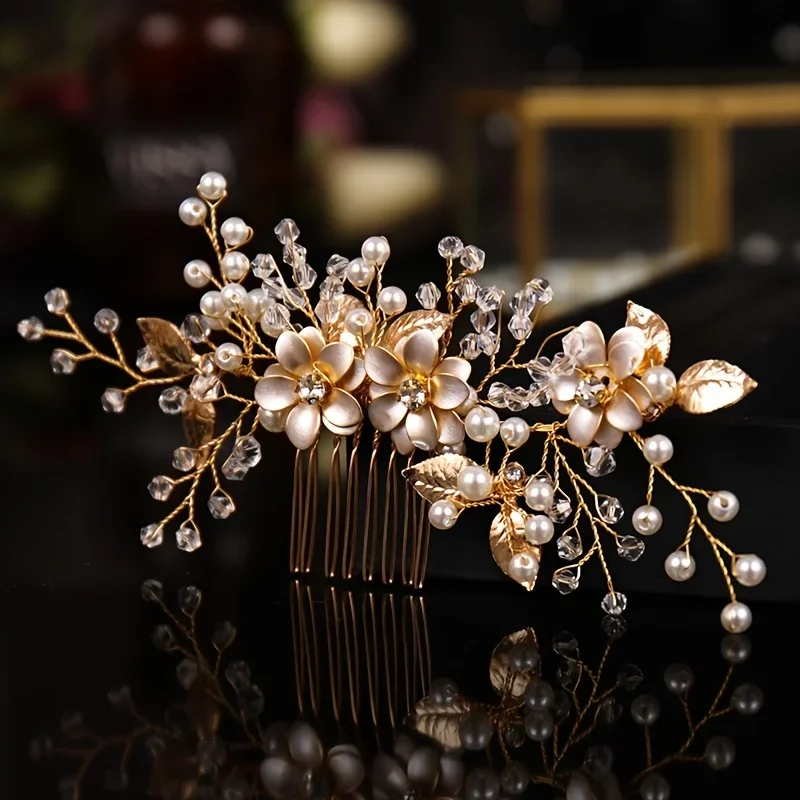 Handmade Gold Color Flower Hair Comb Pearl Rhinestone Flower Hair Accessories For Women Bride Wedding Accessories Tiara Headband