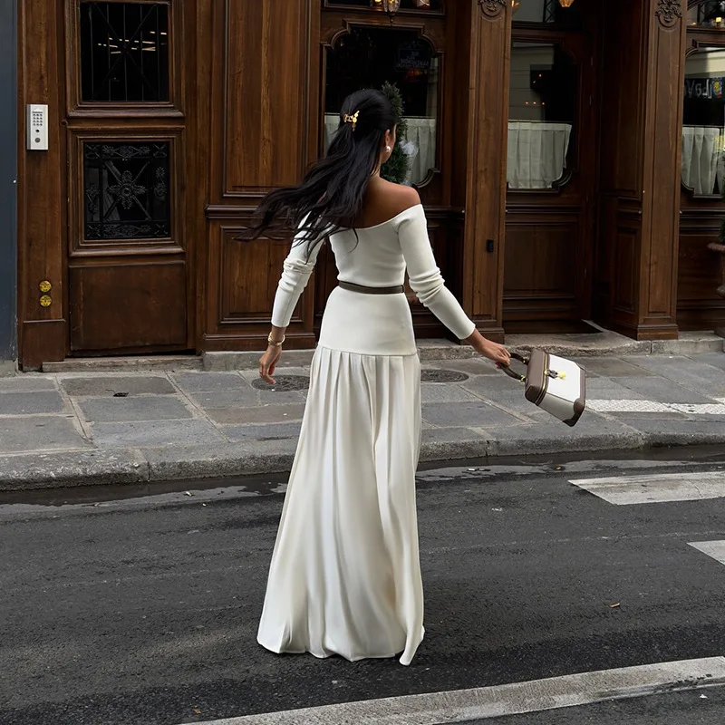 Off-Shoulder Fashion Patchwork Maxi Dress Women's Solid Elegant Commute Autumn Dress Female Backless Long Dress New