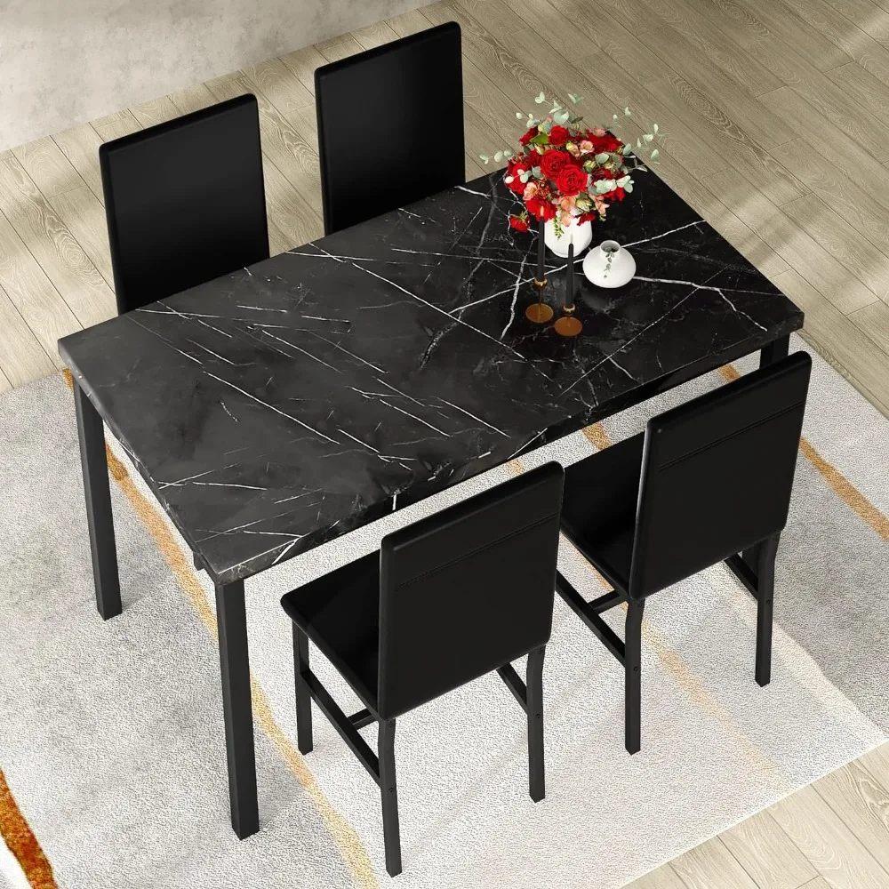 Black Kitchen Table and Chairs for 4, Compact Furniture 5-piece Dining Room Table Set Faux Marble