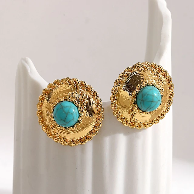 AENSOA 2022 Vintage Resin Imitation Blue Stone Gold Color Metal Drawing  Earrings Geometric Round Stud Earrings for Women Jewelry