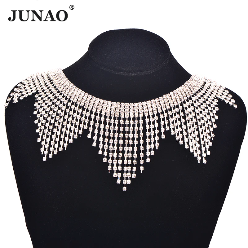 

JUNAO 45cm/lot Glitter Clear Glass Rhinestone Chain Trim Sewing Tassel Fringe Strass Ribbon Banding Crystal Applique for Crafts