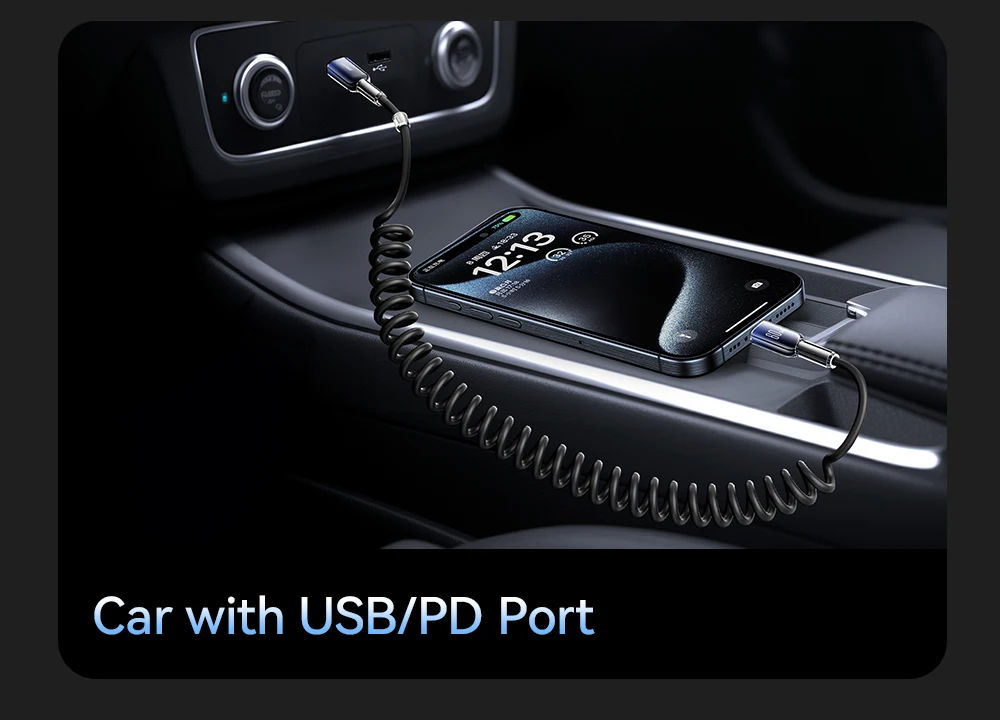 Joyroom 60W USB Type C Fast Charging Cable Spring Telescopic Car Charger Cable For iPhone 16 15 Pro Max /Xiaomi /Huawei Android