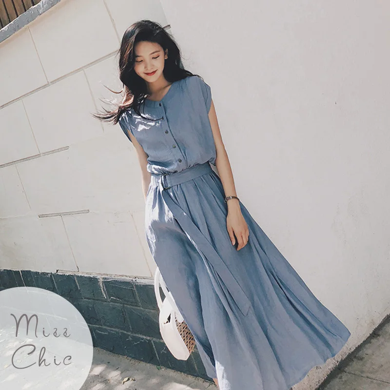 

Temperament Chiffon Shirt Dress Women's Summer 2023 New Popular Korean Version Elegant Commuting Sleeveless Midi Blue Long Dress