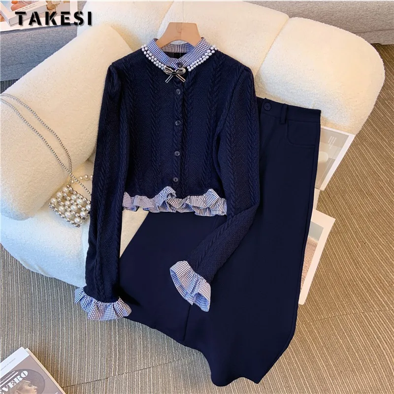 2023 Autumn Winter Vintage Elegant Style 2 Piece Set Women Long Sleeve Bow Cardigan+A-line Skirt Office Lady Two Piece Skirt Set