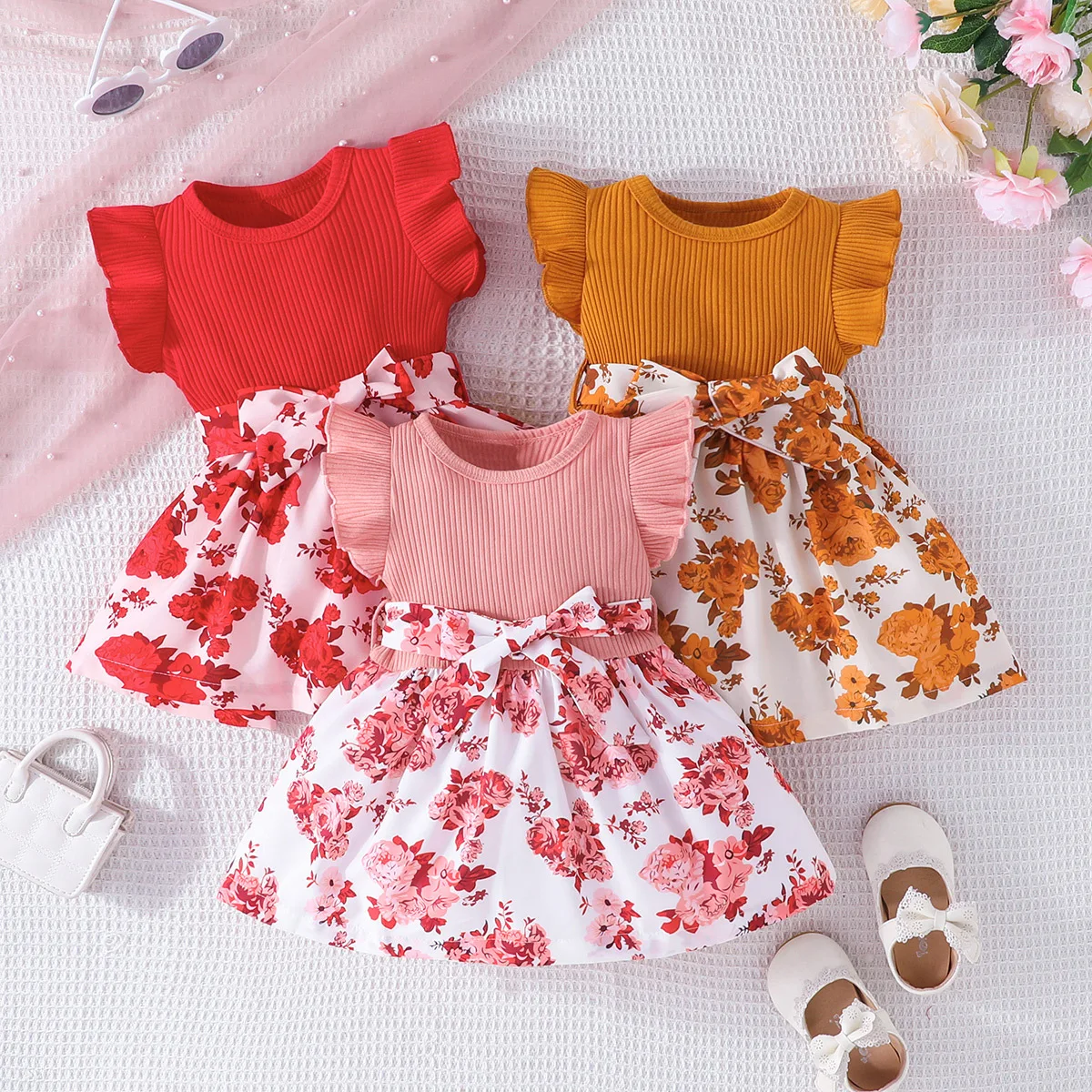 

Модное детское платье в Корейском стиле с рукавами-летучими буквами, юбка-трапеция в стиле пэчворк, летнее платье для девочек, детская одежда