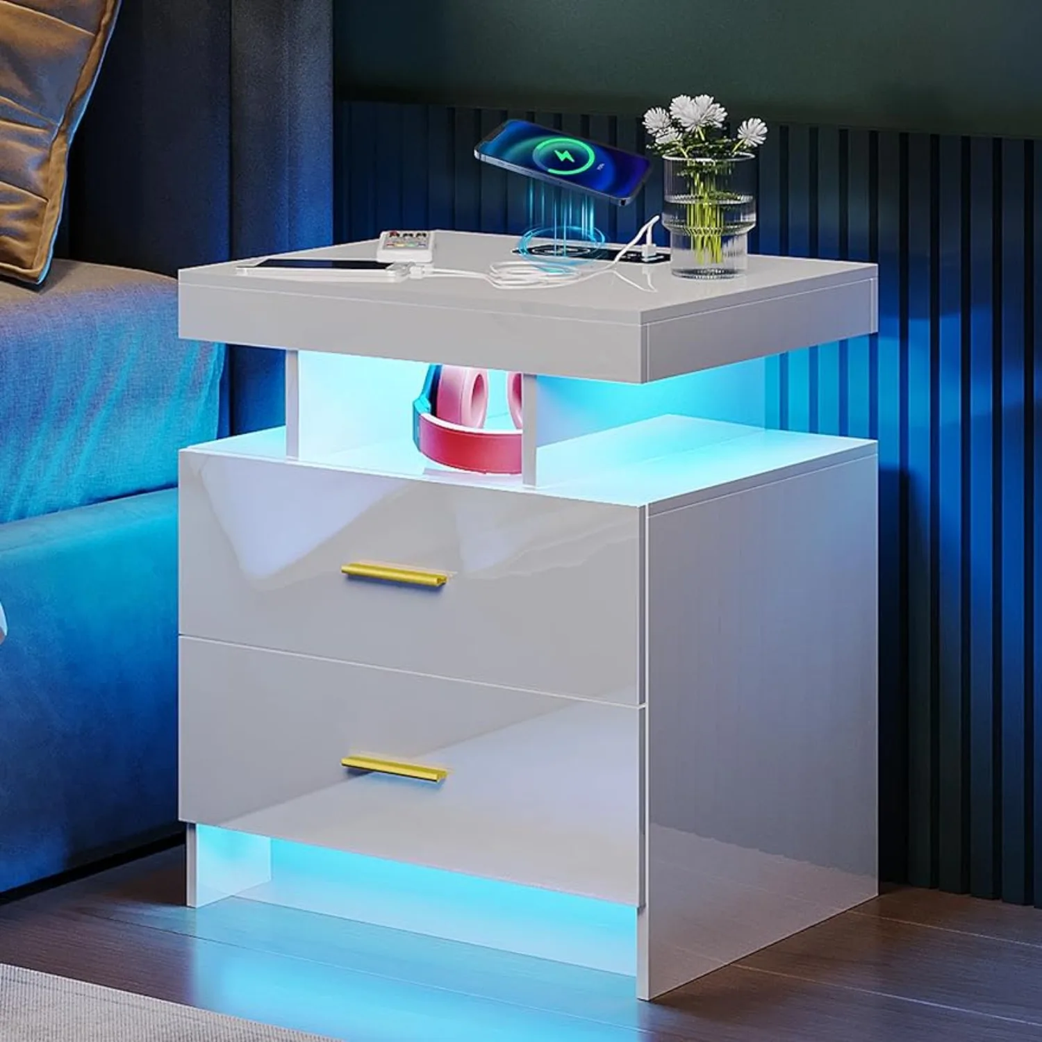 

LED Nightstands w/ Charging Station, High Gloss Night Stand, Bedside Tables with 2 Drawers, Nightstand w/ USB/Type-C/Wireless