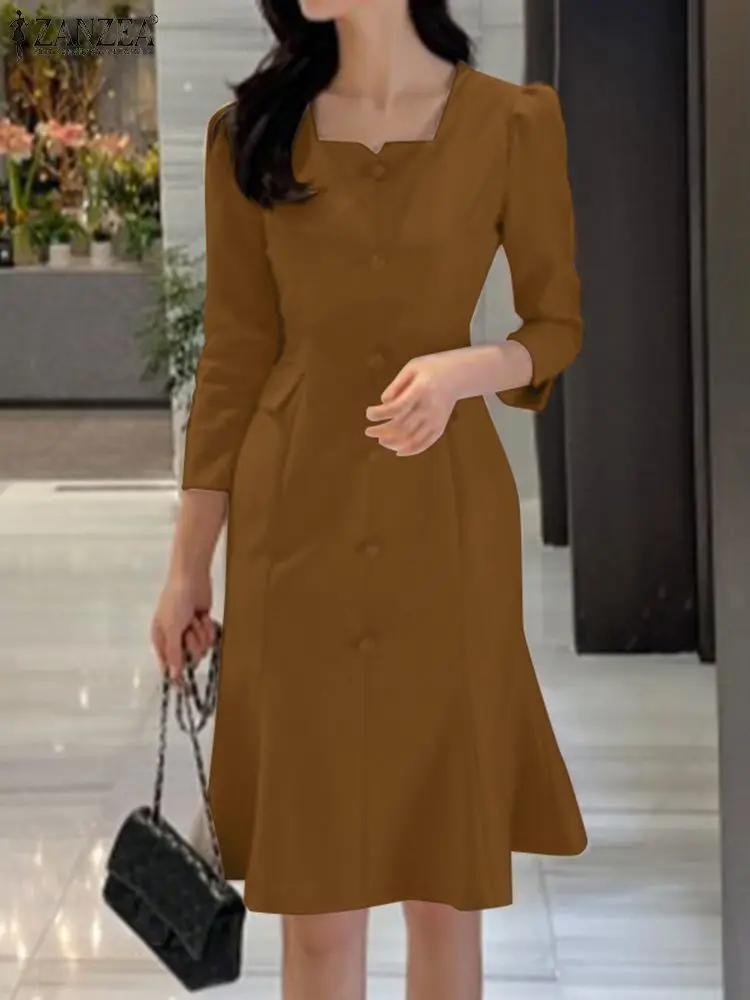 

ZANZEA Woman Elegant Fishtail Hem Dress Fashion Party Ruffles Sundress Square Collar 3/4 Sleeve Bodycorn Dresses OL Office Robe