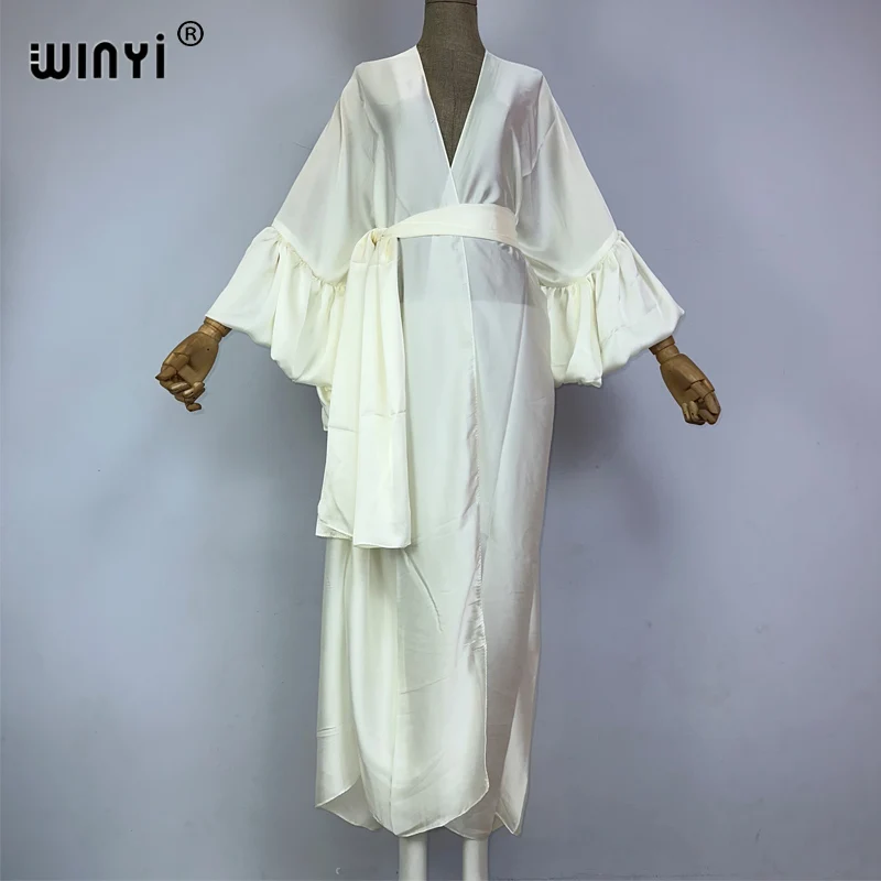 WINYI 모노컬러 셀프벨트 실크 드레스 여성용, 우아한 여름 휴가, 버블 슬리브 가디건, 비치 웨어, 수영복 커버 업 기모노