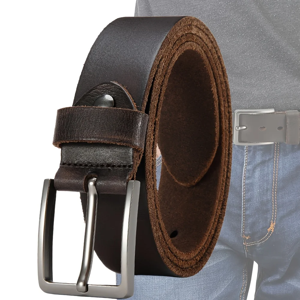 Men's Durable Genuine Leather Belt with Adjustable Pin Buckle for Business & Casual Wear