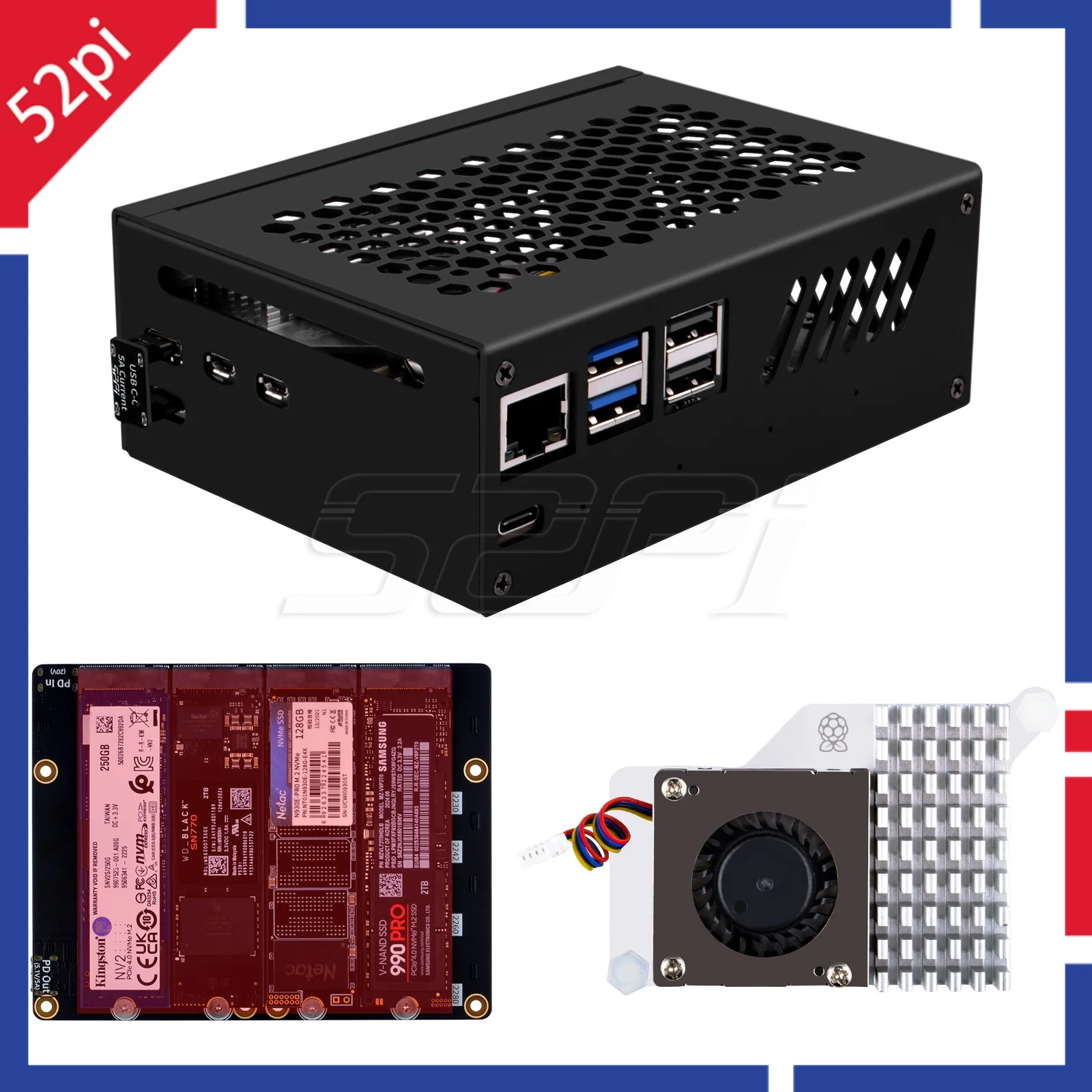 52Pi Metal Case Support N16 Quad NVMe Expansion Adapter Board and Cooler For Raspberry Pi 5