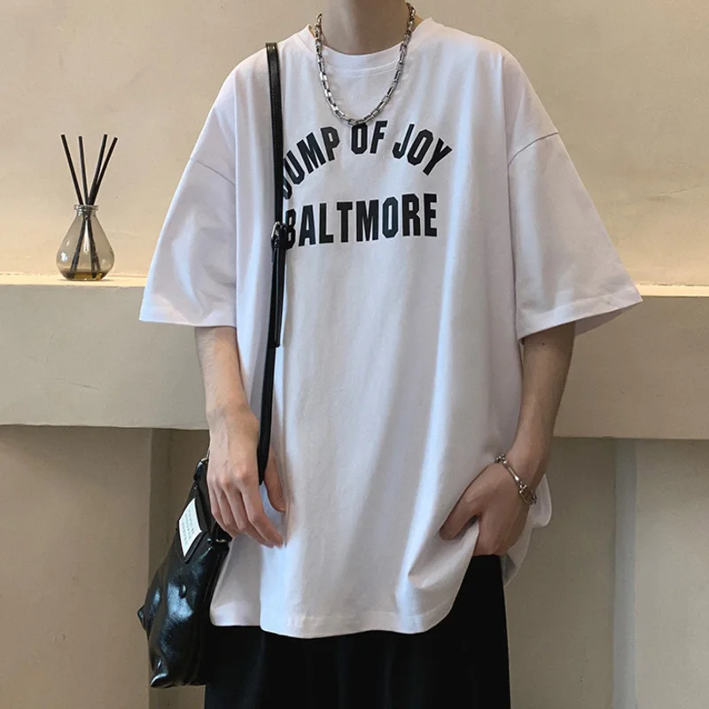 

Baggy Men's Tshirts Letter Graphic Printing Fashion Summer New Hip Hop Cotton Short Sleeve T-shirt Tops Drop Shoulder Male Tees