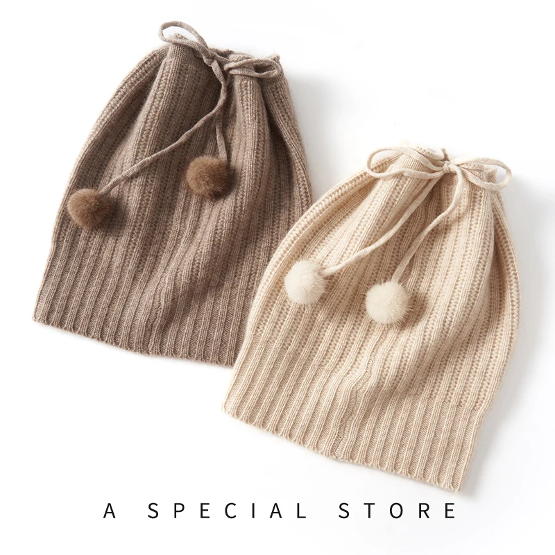 

High Quality 100% Cashmere Hat for Women Winter Outdoor Skullies Beanies Female Solid Soft Warm Drawstring Cap and Neckscarf