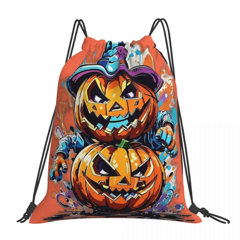 

Incredible Multicolor Giant Halloween Pumpkin Print Backpacks Portable Drawstring Bags Sports Bag Book Bags For Travel School