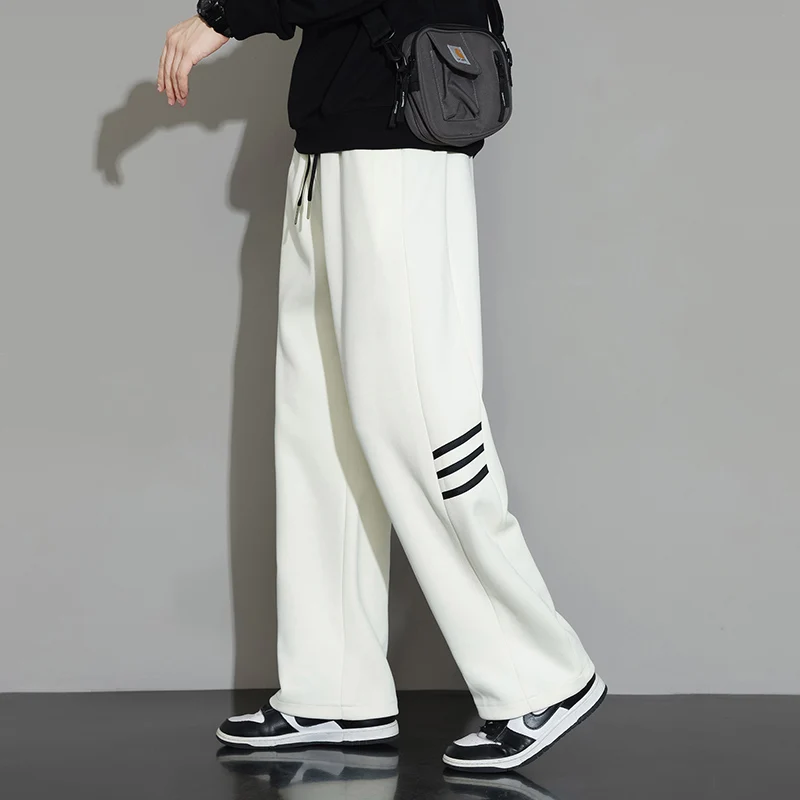 Men's Solid Spring Autumn Elastic High Waisted Pockets Striped Harlan Casual Loose Workwear Sports Trousers England Style Pants