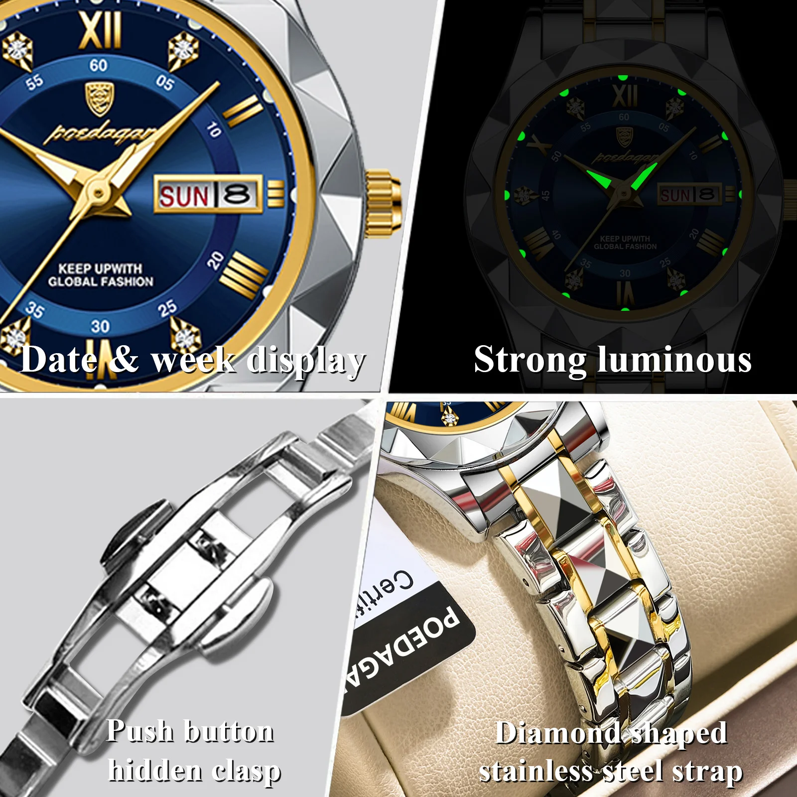 POEDAGAR Luxury Elegant Women Watch Luminous Waterproof Week Date Woman Wristwatch Stainless Steel Quartz Fashion Ladies Watches 4