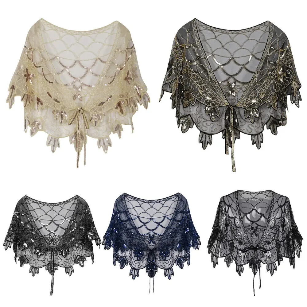 Grouptap 1920 's zwart/goud/zilver/witte shawl gatsby bolero sequin cape cape voor dames flapper art deco vintage jurk kostuum, Zwart, One size Grouptap 1920 's zwart/goud/zilver/witte shawl gatsby bolero sequin cape cape voor dames flapper art deco vintage jurk kostuum, Zwart, One size