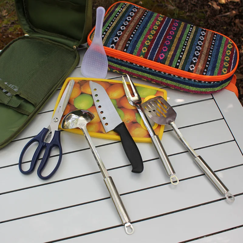 7x Camping Cooking Utensil Set Cookware Kitchen Tool with Ktchen Spatula Rice Shovel Scissors Soup Spoon Meat Fork for Hiking 2