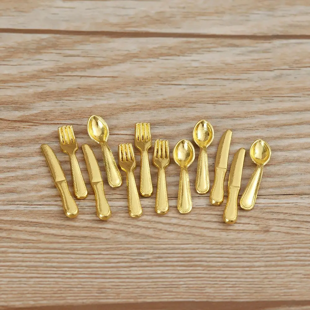 Kitchen Toys Pretend Kitchen Toys Doll House Toys Dollhouse Furniture Set 12PCS Miniature Metal Cookware Fork Knife Spoon Toys Dollhouse Furniture Gold Silver 1:12 Scale Simulation Mini Cutlery