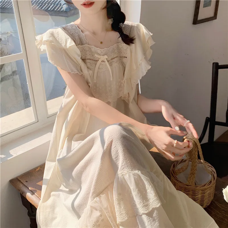 

New Summer Korean Women Pajama Sweet Lace Ladies Ruffle Fly Sleeve Cute Casual Comfortable Loungewear Pajamas Long Dress