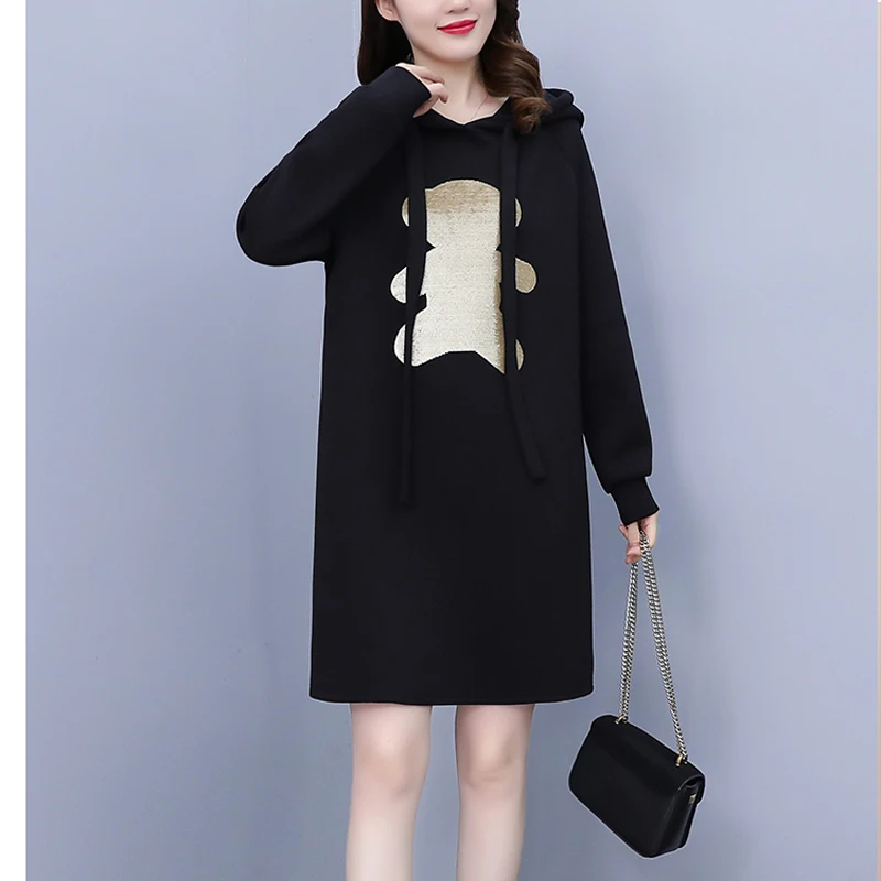 

Elegant Cotton T-shirt Dresses For Women 2023 Female Large Size 5XL Autumn Winter Vintage Black Hooded Loose Lovely Bear Vestido