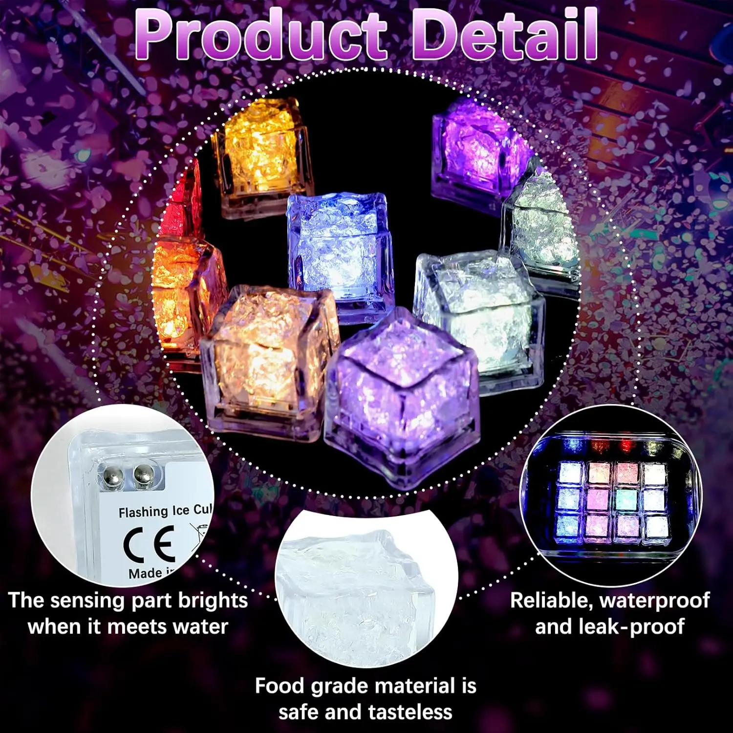 Luminous Ice Cubes Glow Light 12pc Waterproof LED Ice Cubes Light Up Ice Cubes Reusable Flashing Glow Liquid Sensor Glowing Drinks Bar