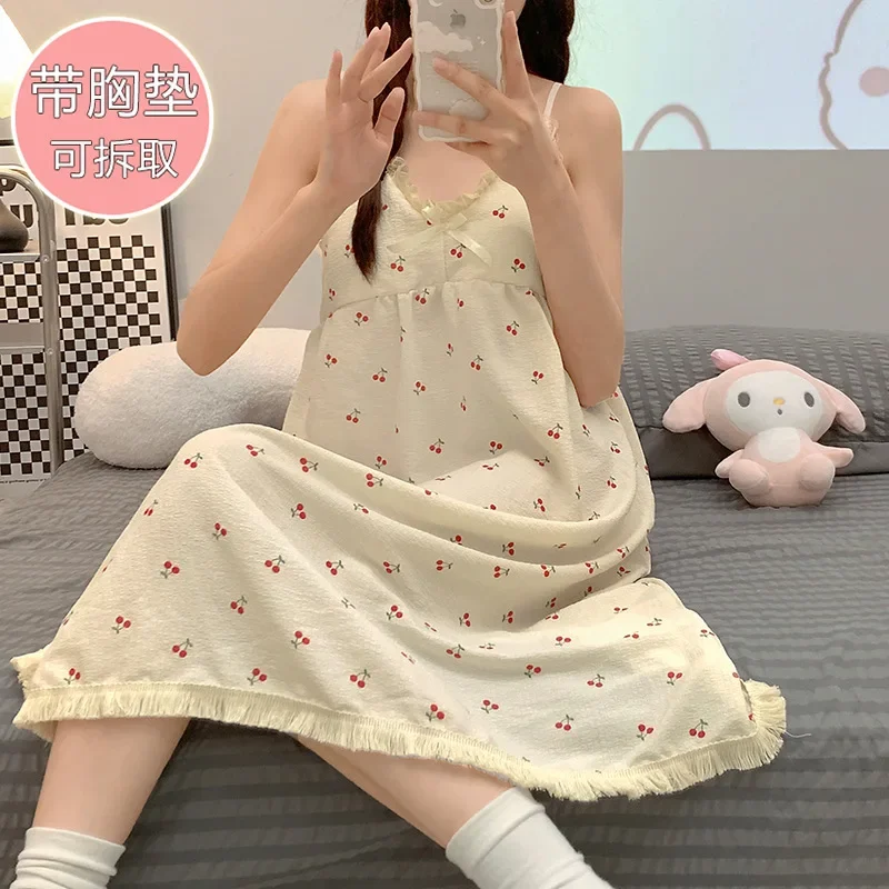 5XL Plus Size Summer Sweet Sleepwear Women Sleeveless Sleep Dress with Cheat Pad Cartoon Nightgown Teenage Student Loose Pajamas