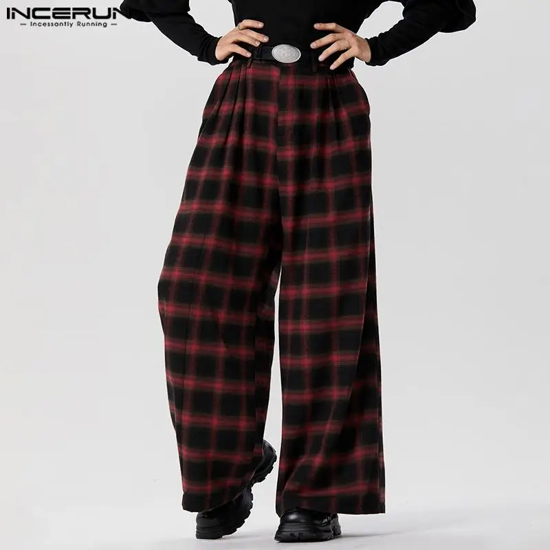 

INCERUN Men Plaid Pants Button Joggers Loose Pleated Streetwear Wide Leg Trousers Men 2023 Pockets Vintage Casual Pantalon S-5XL
