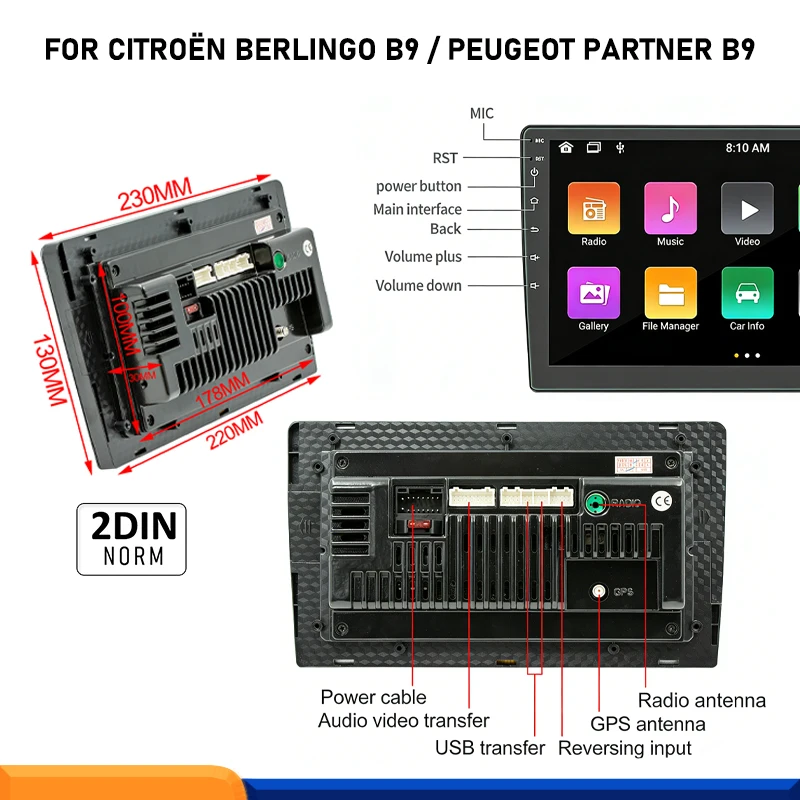 Autoradio GPS Android 9 Pollici con Cablaggio CAN Bus per Citroen Berlingo B9 e Peugeot Partner - immagine 5