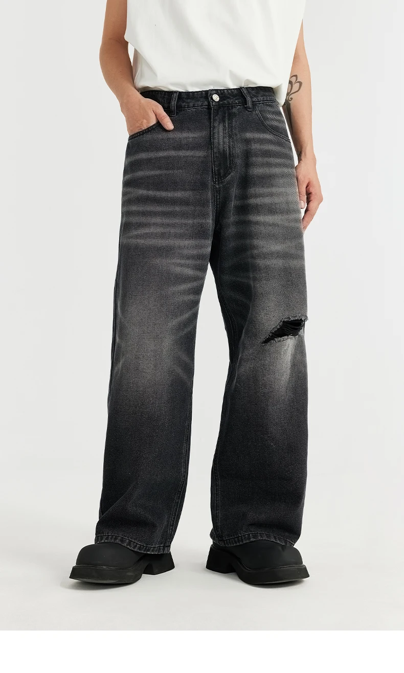 Description Picture 2 of itemINFLATION Retro Washed Straight Denim Trousers Men High Street Ripped Wide Leg Jeans