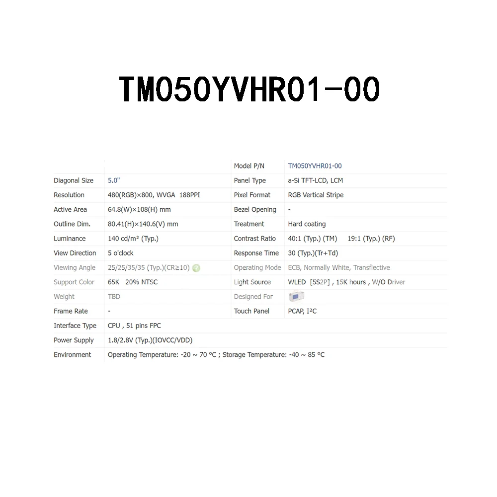 산업 제어용 완전 테스트 TM050YVHR01-00, 5.0 인치 LCD 디스플레이 화면