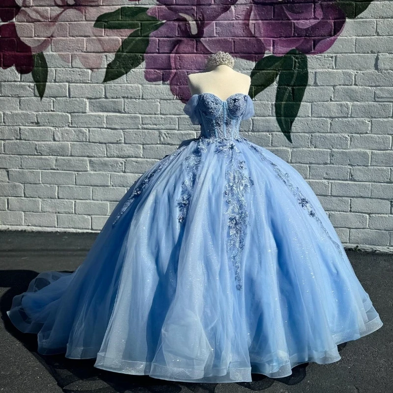 

Sky Blue Shiny Ball Gown Quinceanera Dresses Off the Shoulder Appliques Lace Beads Tull Corset Sweet 16 Vestidos De 15 Años