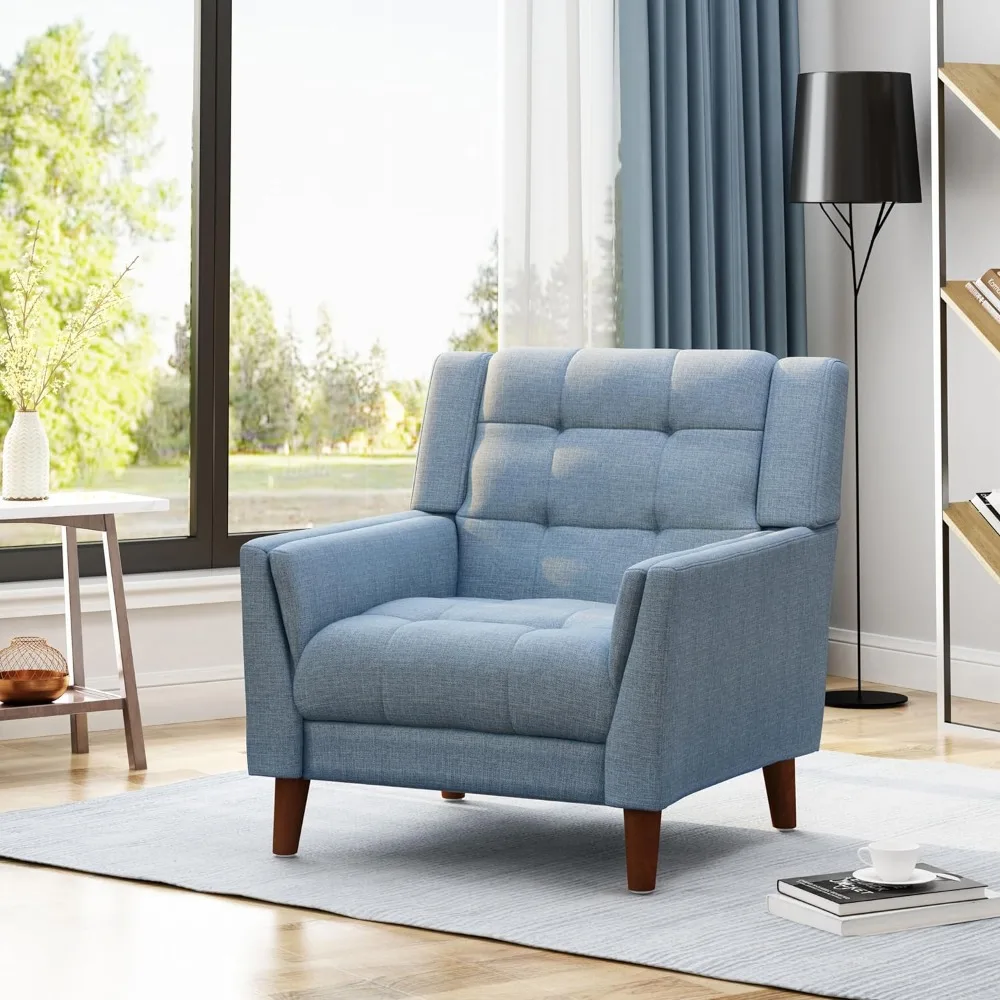 

Home Mid Century Modern Fabric Arm Chair Blue and Walnut Living Room Chairs Furniture Floor