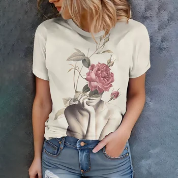 Women's T-shirt With Beige Carving And Floral Design - Art Casual Style Summer Round Neck Short Sleeve 1