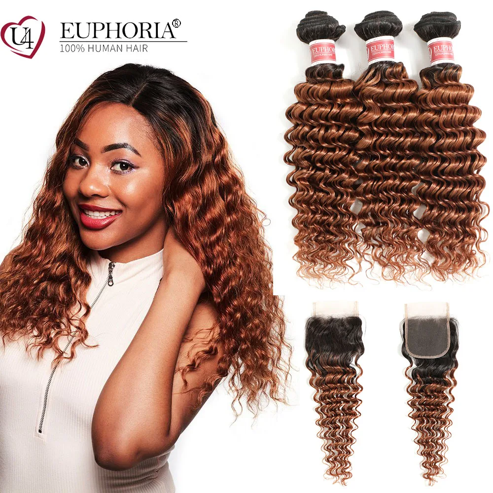 

1b/30 Ombre Brown Deep Wave Bundles With 4x4 Lace Closure Hair Brazilian Human Hair Wavy 3 Bundles With Lace Closure Euphoria