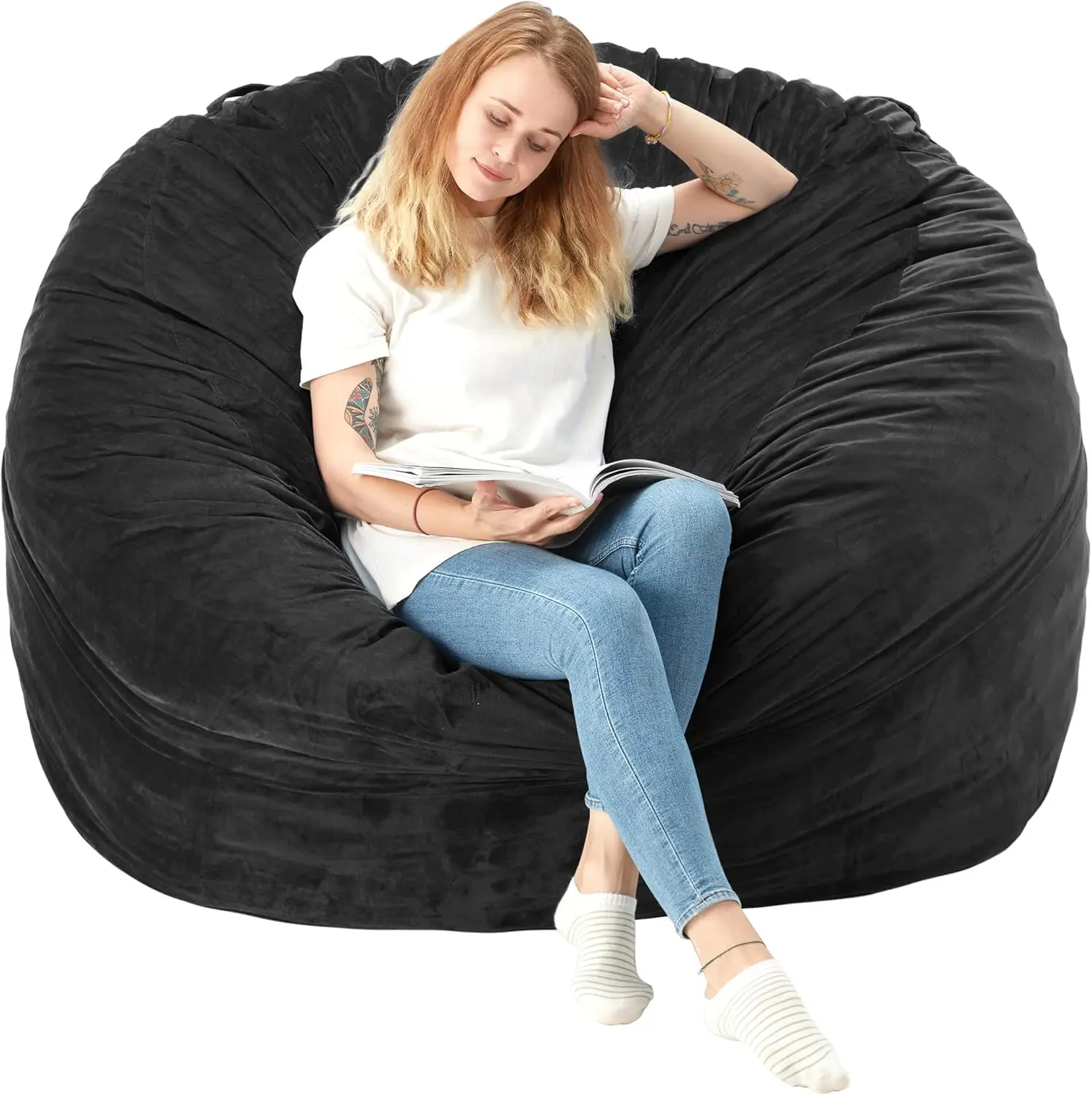 Bean Bag Chair: Large 5' Bean Bags with Memory Foam Filled, Large Beanbag Chairs Soft Sofa with Dutch Velet Cover(Black)