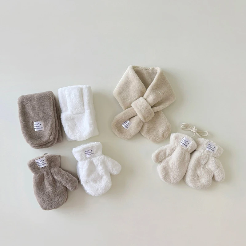 Children's Scarf Gloves Set Autumn Winter Thicken Warm Solid Color Kids Gloves & Mittens Baby Accessories