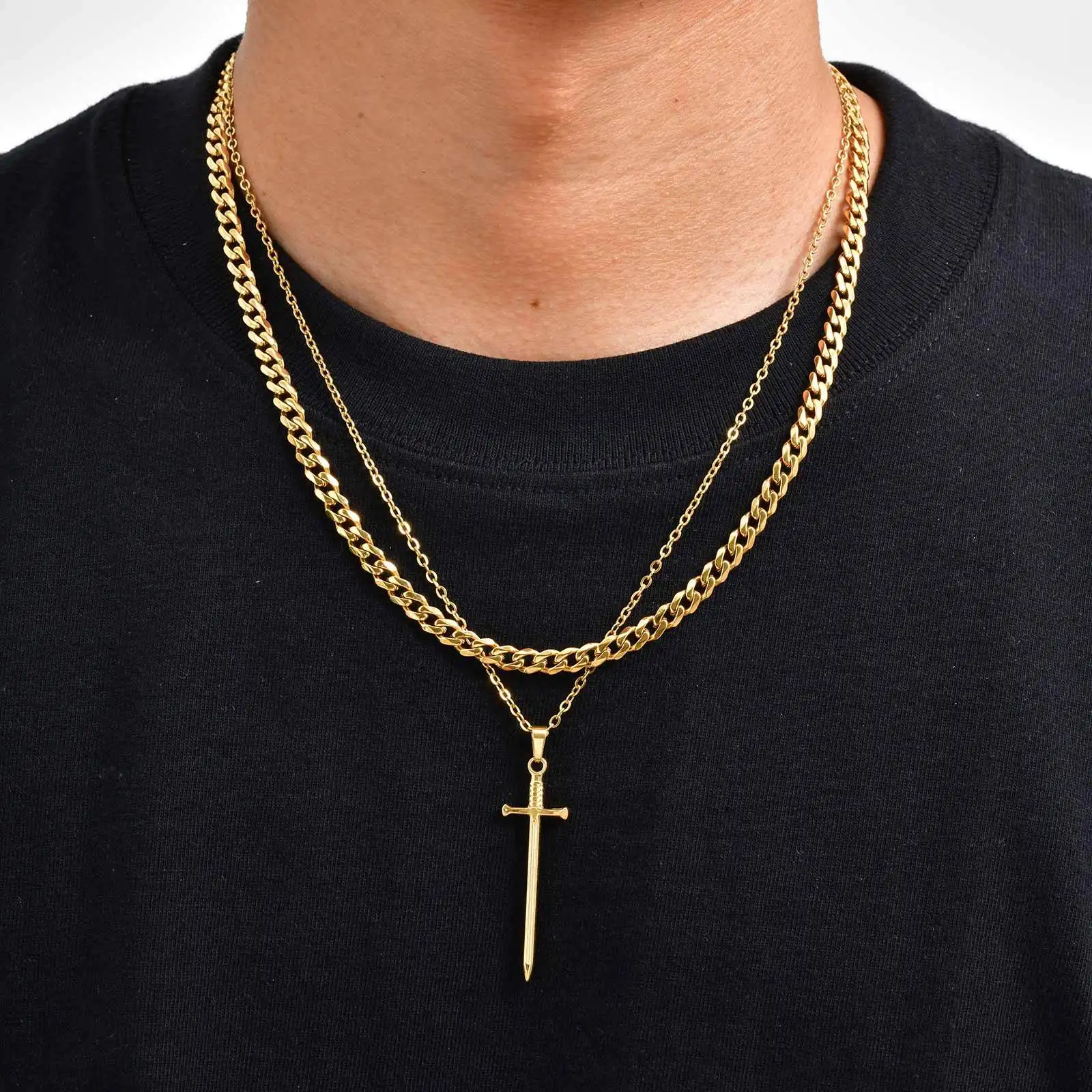 Long Sword Pendant Necklace for Men Boys,Punk Stainless Steel Pendant,50CM Chain Collar