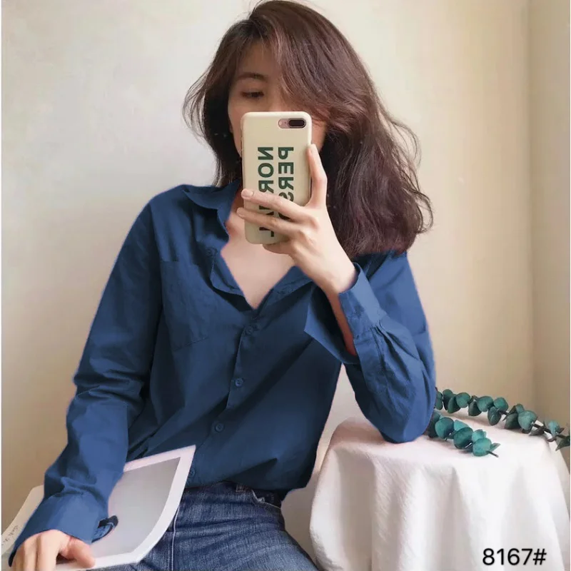 Spring Cotton Y2K Shirts Thin Women Candy Color Long Sleeves Blouses Lapel Inner Tops Loose Commuting Fine Yarn Light Clothing