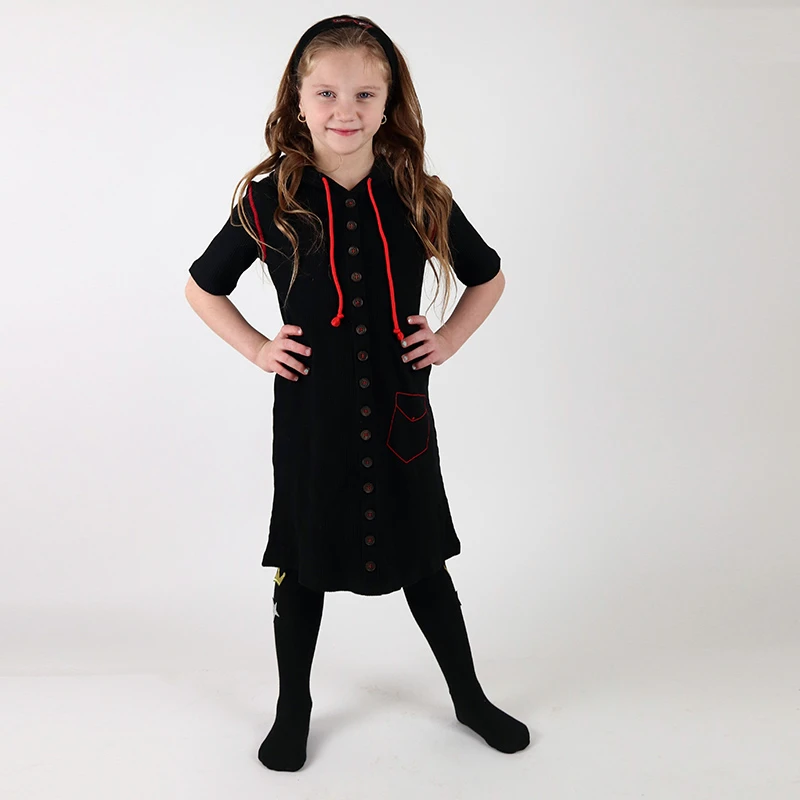 Girls dress summer short sleeve and long sleeve kids clothes front buttons children clothing black ribbed with hooded red string new model children's dress