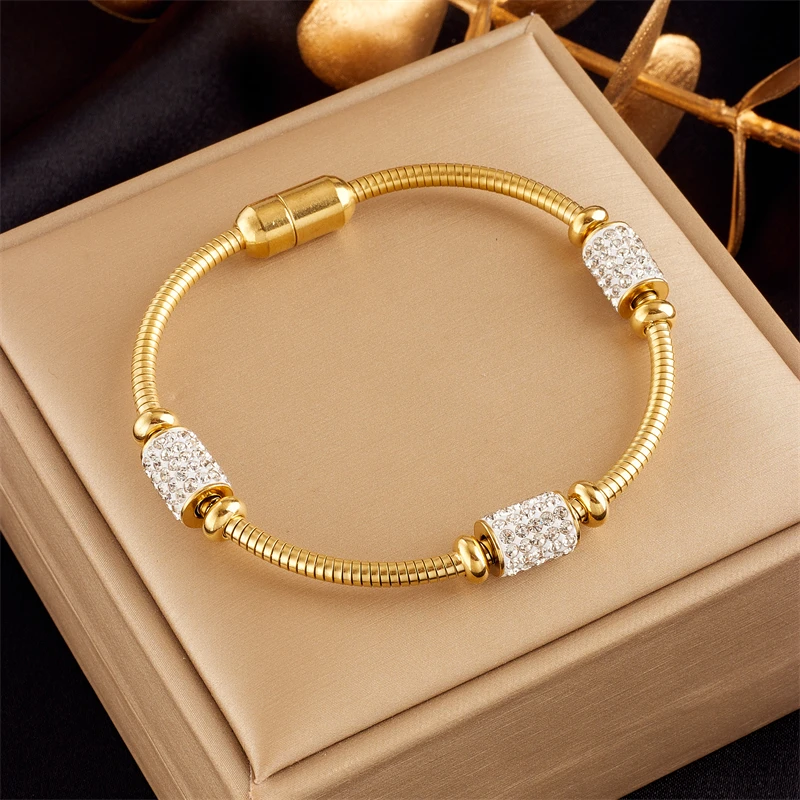 Stainless Steel Gold Color Zirconia Beaded Bracelet For Women Fashion Girls Magnet Clasp Snake Chain - Image 5