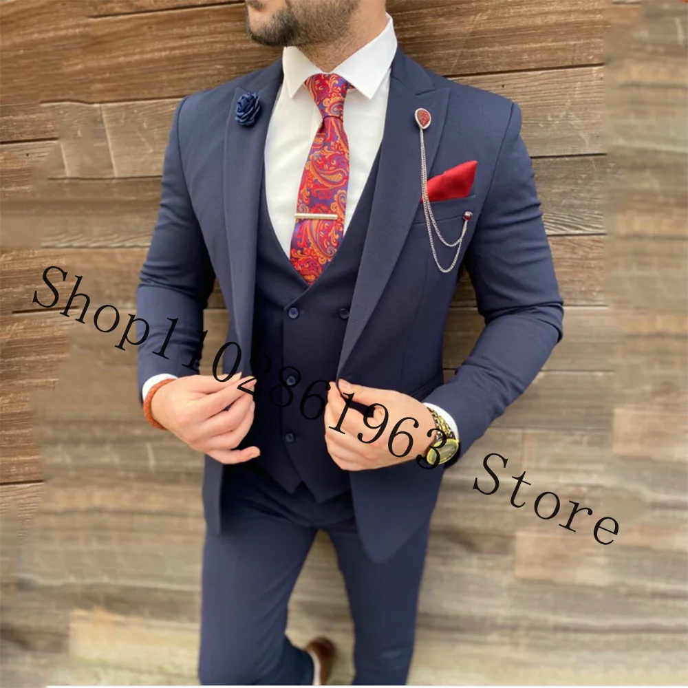 Navy Blue Formal Weeding Suits For Men 3 Pieces Male Suits Groomsmen Bridegroom Wedding Tuxedos Blazer+Vest+Pants Costume Homme