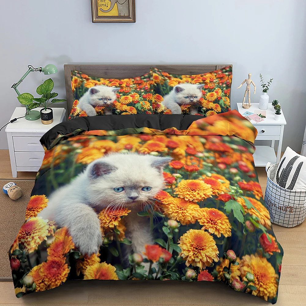 

Cat Flowers King Queen Duvet Cover 3D Pet Kitty Floral Bedding Set Teens Adult Yellow Chrysanthemum 2/3pcs Polyester Quilt Cover