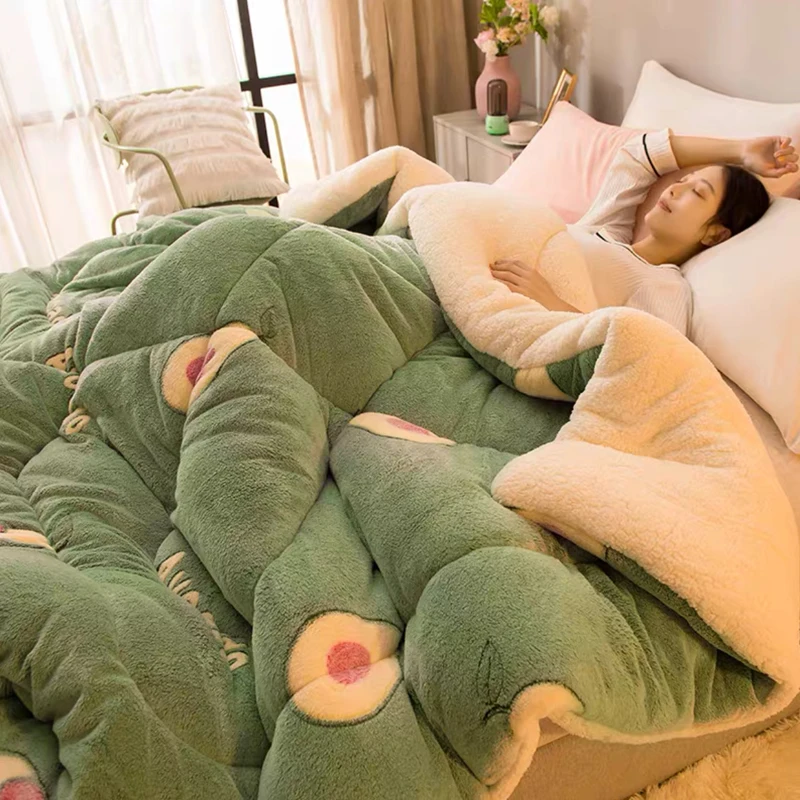 

Twin Queen King Size patchwork Thicken Warm Quilt Duvet home hotel Luxury Printed Lamb wool Winter Blanket Bedding Comforter