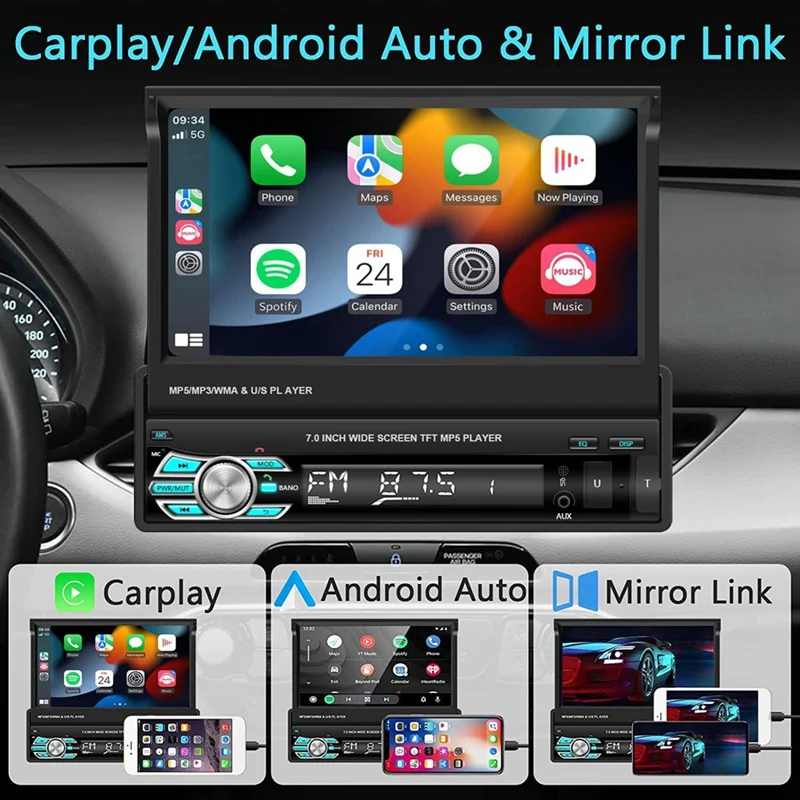 7 Inch Manual Flip Car Stereo Carplay Android Auto Single Din HD Touchscreen Radio FM Bluetooth Mirror Link Rear Camera